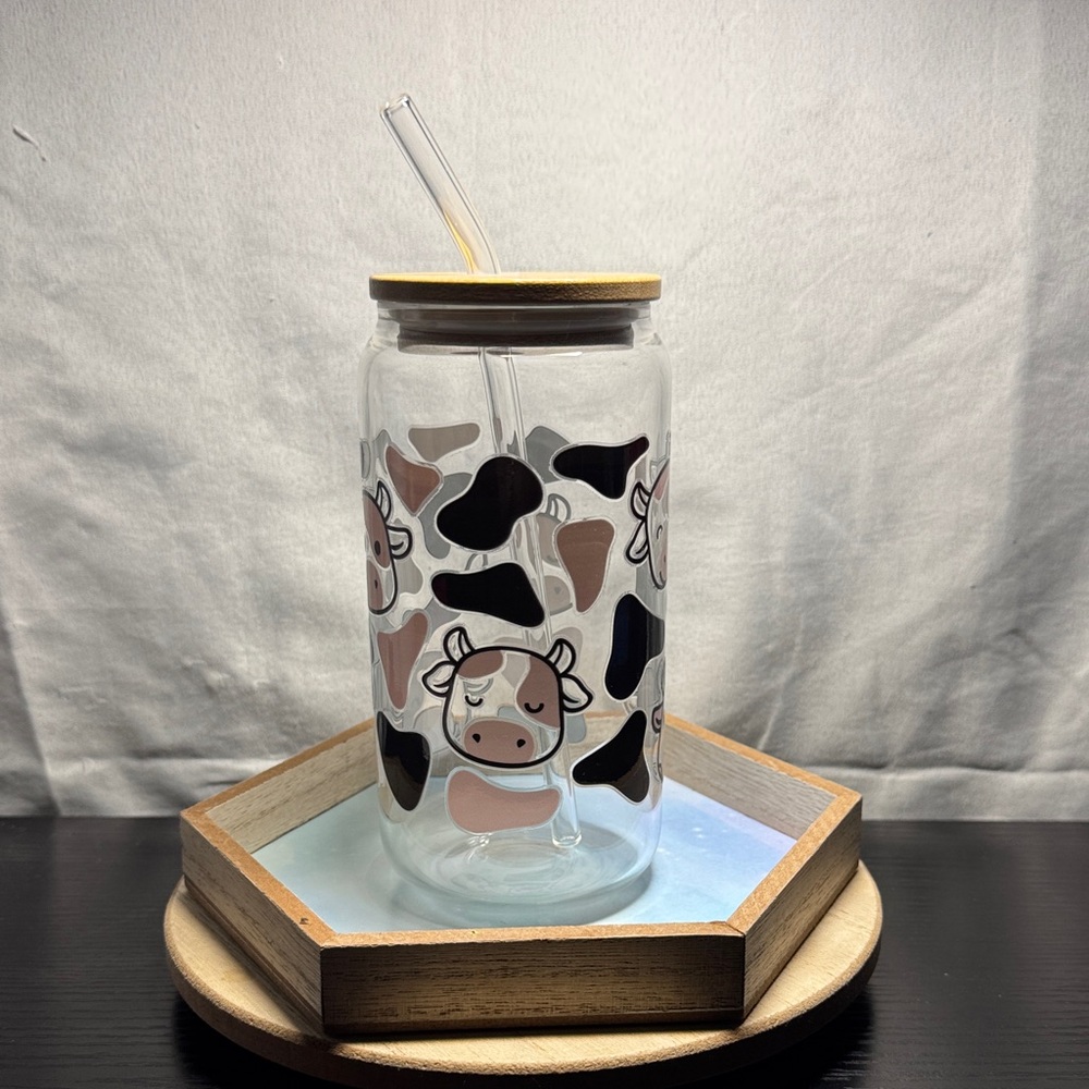 Cow Print Glass Tumbler with Straw
